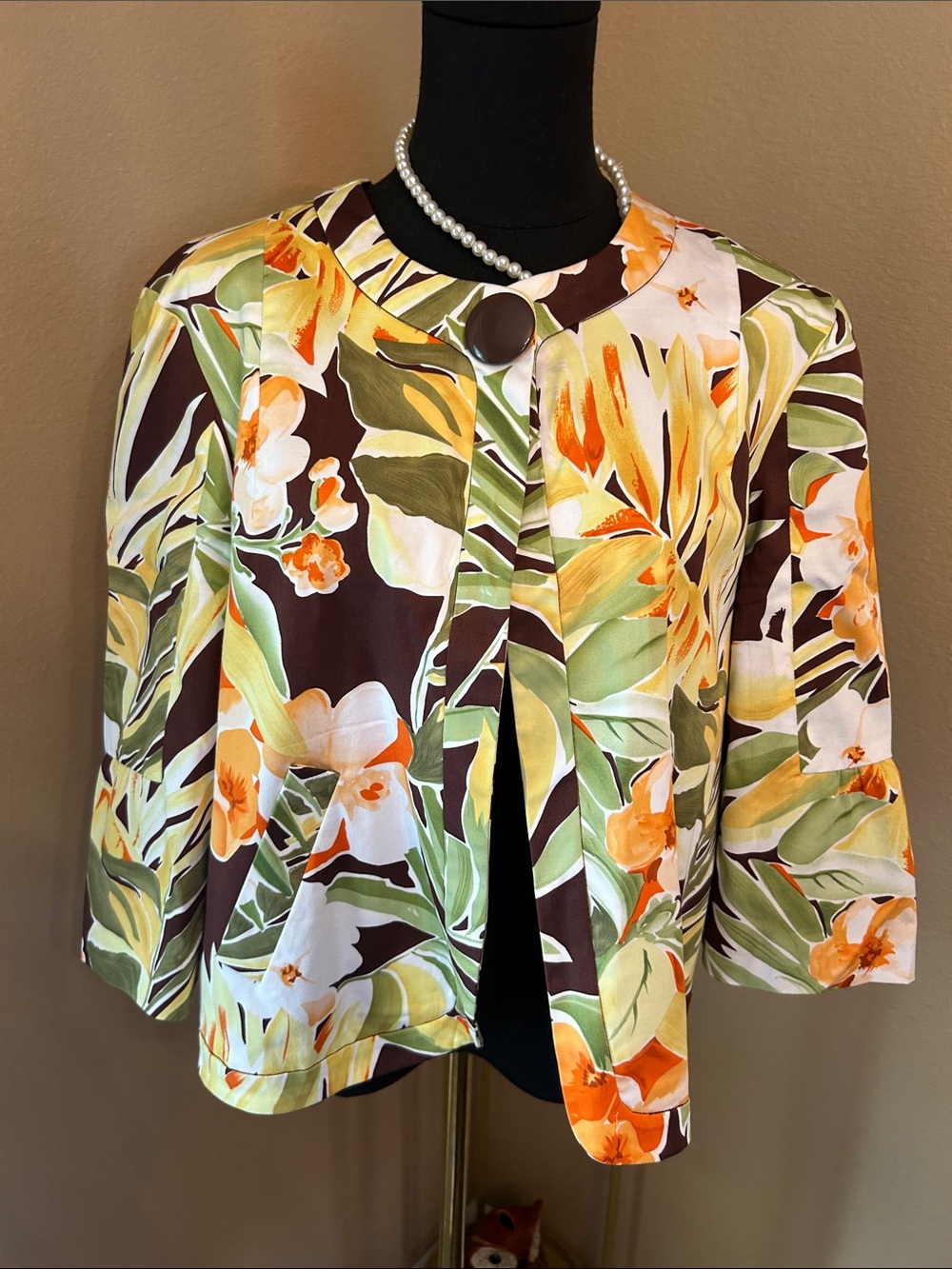 Floral Print Open Front Blazer Jacket - Yellow Green Brown - Picture 3 of 13